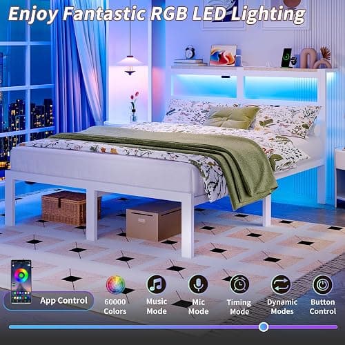 ChicZhiNest Full White Bed Frames with Charging Station and LED Lights, Full Platform Bed with Heavy Duty Metal Slats, Storage Headboard, Under Bed Storage, No Box Spring Needed, Noise Free thumbnail 3