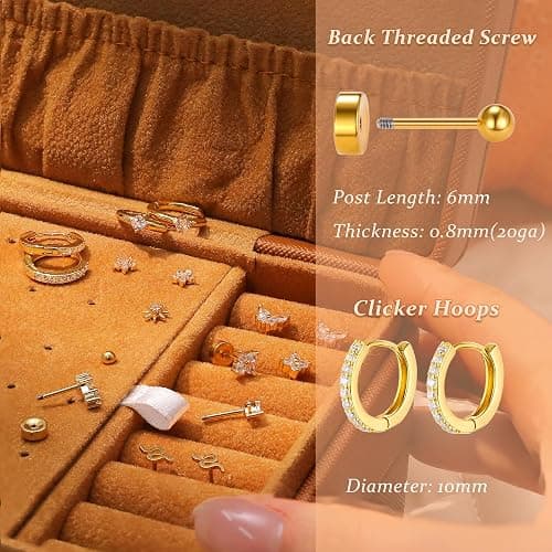 KRFY Flat Back Stud Earrings - 17 Pairs Surgical Steel Stud Earrings For Women Hypoallergenic Hoop Earrings Tiny Screw Back Cartilage Earring Set For Multiple Piercing thumbnail 2