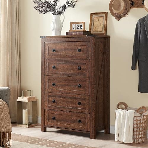 T4TREAM Farmhouse 5 Drawers Dresser Chests for Bedroom, Wood Rustic Tall Chset of Drawers,Dressers Organizer for Bedroom, Living Room,Hallway, Reclaimed Barnwood thumbnail 8