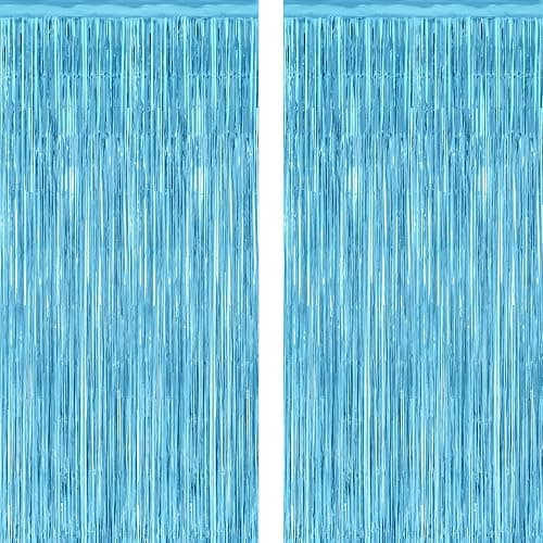 ZATAYE 2 Pack Sky Blue Foil Curtain Backdrop Birthday Party Decorations | Sky Blue, Metallic Foil, 3.28 x 7.05 FT, Tinsel Backdrop, Foil Curtain Streamer, Winter Wonderland Party - Image 1