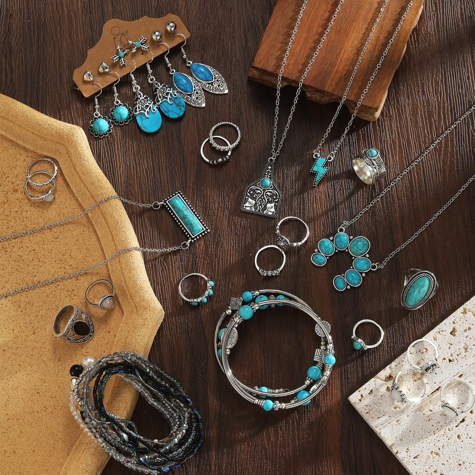 IFKM Bohemian Jewelry Set With Turquoise Necklace, Dangle Earrings, Stackable Bangle Bracelets, Knuckle Rings For Women Vintage Western Boho Turquoise Anniversary Birthday Friendship Gift thumbnail 9