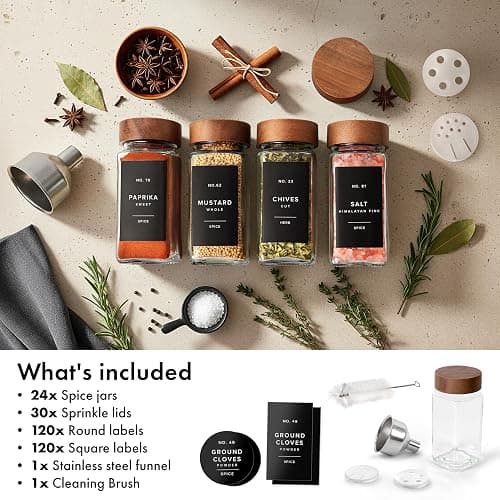 EDELHAUS® Square Spice Jars with Acacia Wooden Lid (Pack of 24) Spice Jars with Shaker Insert and 240 Labels - Acacia Lids Glass Container for Spice Organisation [4.3 in × 1.8 in] thumbnail 8