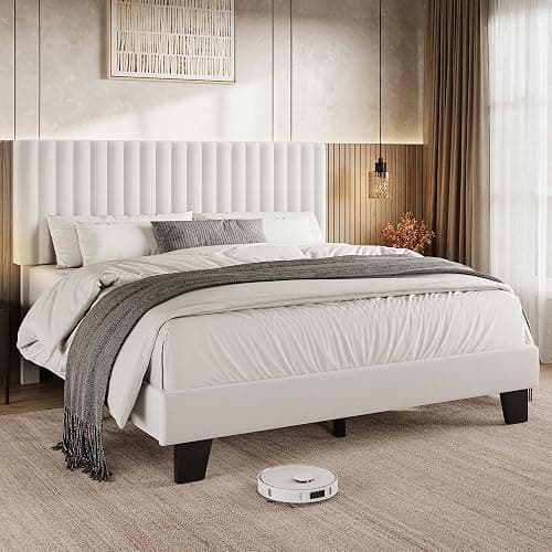 Einhomn Queen Size Bed Frame with Headboard, Upholstered Velvet Platform Bedframe with Solid Wooden Slats, Noise-Free, No Box Spring Needed, Easy Assembly, White - Image 1