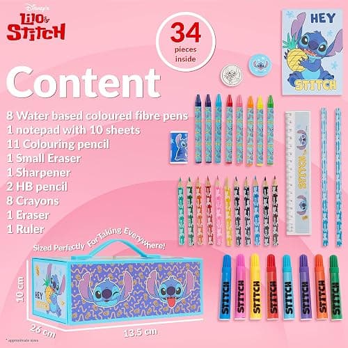 Disney Stitch Kids Colored Pencils Drawing Kit Art Set for Girls Boys Stationery with Notepad Crayons Markers Travel Case Gifts for Kids (Blue Stitch) - Blue thumbnail 6