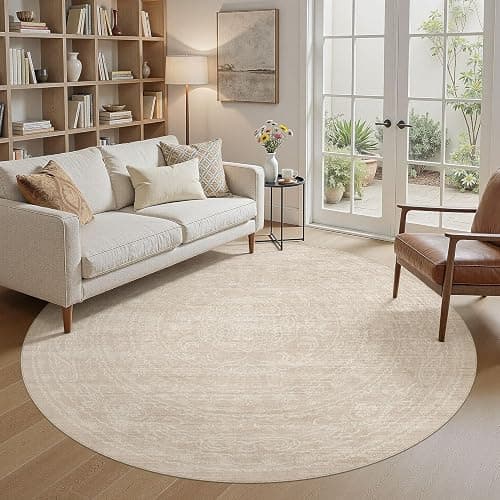 8ft Round Rug Living Room: Washable Large Vintage Neutral Area Rug Non-Slip Soft Stain Resistant Indoor Carpet for Bedroom Nursery Dining Room Under Table Bed Home House Office Playroom - Beige thumbnail 6