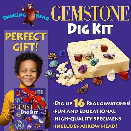 DANCING BEAR Gem stone Dig Kit, Excavate 16 Real Gems & Crystals including Arrowheads, Quartz Point and Amethyst, STEM Education for Kids, Fun Rock Mining Science Activity Gift Sets for Girls and Boys thumbnail 9