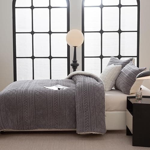 COTTEBED Reversible Sherpa Fluffy Comforter Queen Set, Boho Tufted Bedding Down Blanket Comforter Set, Ultra-Soft Washed Cotton Shabby Plush Fleece Sherpa Thick Warm for Winter Autumn, Grey Full Queen thumbnail 5