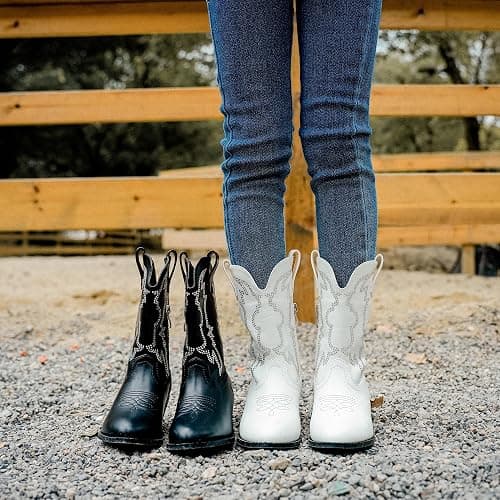 LAURMOSA Girls Cowboy Boots Pull On Cowgirl Boots Pointed Toe Mid Calf Western Boots for Little Kid Big Kid - 3 Big Kid - Rhinestone White thumbnail 2