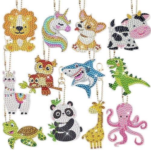 Augisteen 12 PCS Diamond Painting Keychains Kit Animals Diamond Art Ornaments Double Sided 5D Diamonds Key Rings DIY Diamonds Pendants for Beginners Birthday Crafting Home Party Decor - Image 1