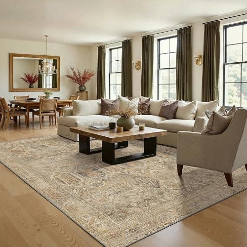Bavni Washable Rug 8x10 Area Rug for Living Room Bedroom Dining, Washable Vintage Print Carpet, Ultra-Thin Low Pile Lightweight Rug with Non Slip Backing, Light Brown thumbnail 3