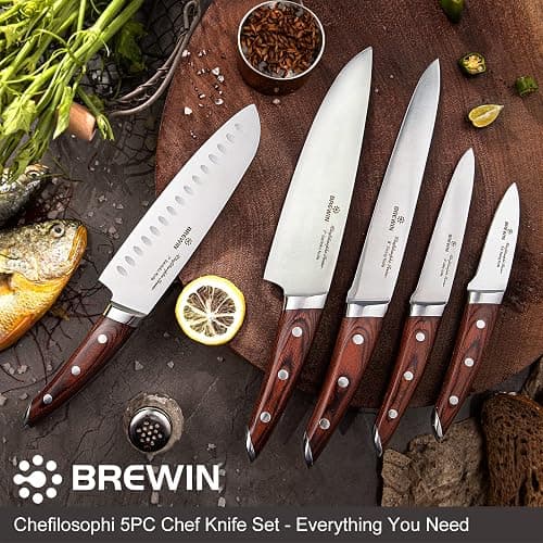 Brewin CHEFILOSOPHI Japanese Chef Knife Set 5 PCS with Elegant Red Pakkawood Handle Ergonomic Design,Professional Ultra Sharp Kitchen Knives for Cooking High Carbon Stainless Steel thumbnail 4