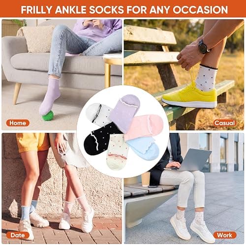 ihuan 6 Pairs Womens Ruffle Cute Ankle Socks Polka Dot, Soft & Breathable thumbnail 4