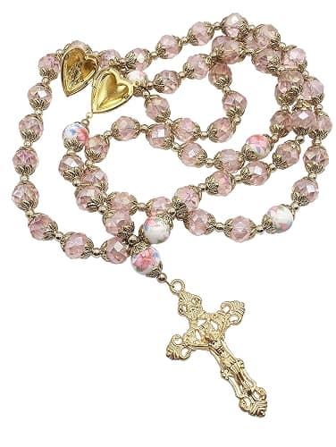 Nazareth Store Katholische Rosa Kristall Perlen Gold Rosenkranz Blumen Perlen Halskette Holy Mary Herz Medaillon Medaille & Kreuz Religiöses Amulett für Frauen thumbnail 2