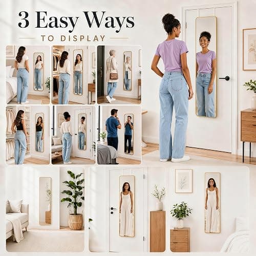 SCWF-GZ 47x14 Full Length Mirror Over the Door Hang or Wall Mounted Gold | HD Clear Tempered Glass,Aluminum Frame Rect Full Body Dressing Make-up Mirrors for Bedroom,Bathroom, Entryway,Living Room thumbnail 6