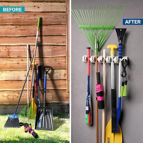 Home-it Mop and Broom Holder Wall Mount Garden Tool Storage Tool Rack Storage & Organization for the Home Plastic Hanger for Closet Garage Organizer (5-position) - 5-position, 6-Hooks - Off-White thumbnail 3