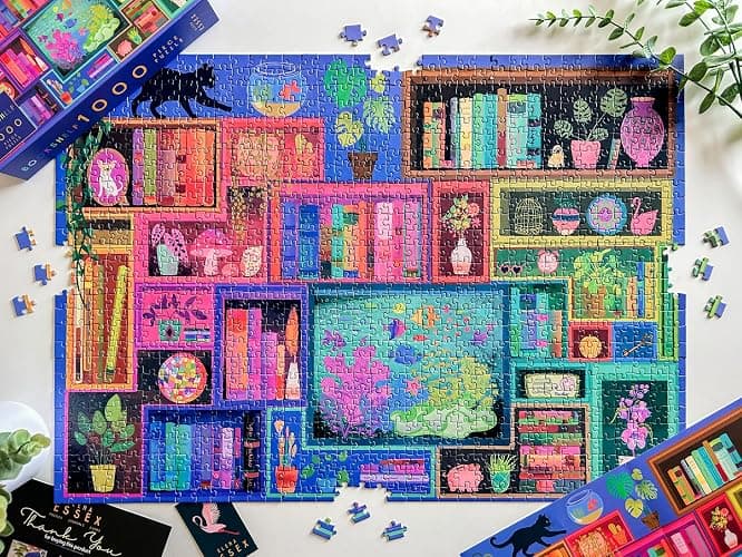 Elena Essex 1000 piece Jigsaw Puzzles for Adults - Bookshelf, Jigsaw Puzzles for Adults 1000, Adult Jigsaw Puzzles 1000 Pieces, Colourful Books Cat Flower Rainbow Puzzle, Size 70x50cm thumbnail 2
