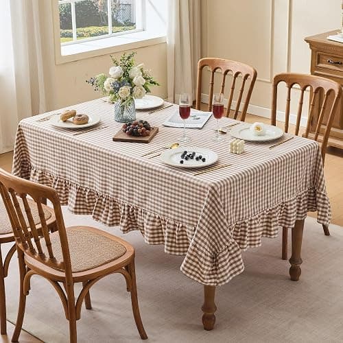 Fiokle Gingham Ruffled Tablecloth Rectangle Cotton Style, Taupe 52x70 | Farmhouse Checkered Table Cloth, Washable Shrinkle & Wrinkle Free Plaid Table Cover for Dinner, Holiday, Party thumbnail 5