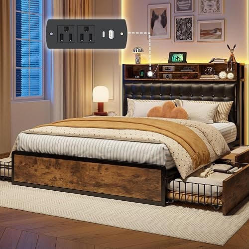 EnHomee Full Bed Frame with 4 Storage Drawers and Headboard Upholstered Bed Frame Full Size with Charging Station, No Noise, Metal Support, No Box Spring Needed,Vintage Brown - Image 1