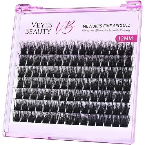 VEYESBEAUTY Lash Clusters Fluffy Individual Lash Extensions Xtreme 3D Layered Volume Eyelashes Thin & Invisible Band Wispy Faux Mink Lash Newbie's Five-Second Length 12mm - Image 1