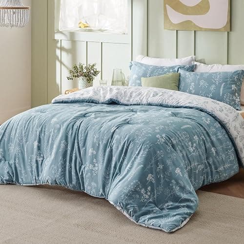 Bedsure Queen Comforter Set - Mineral Blue Bed Set, 3 Pieces Cute Floral Bedding, 1 Soft Reversible Botanical Flowers Comforter and 2 Pillow Shams thumbnail 2