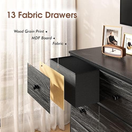 Black Dresser TV Stand with 13 Fabric Dresser 45 Inch TV Stand for Bedroom Chests of Drawers for Bedroom, Entryway, Wood Top and Sturdy Frame thumbnail 8