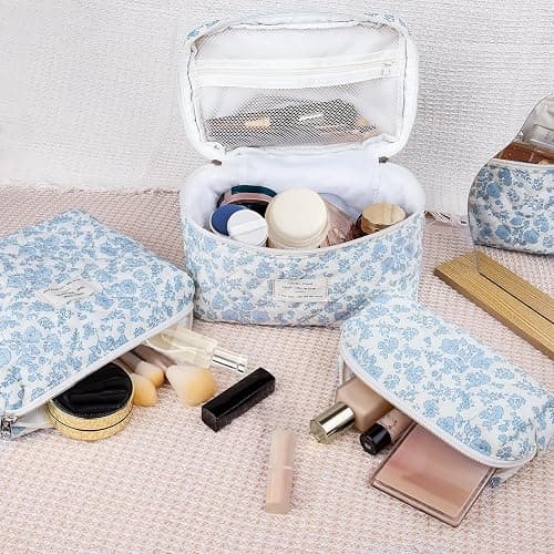 Makeup Bag, Large Quilted Cosmetic Bag, Big Floral Make Up Bag for Women Girls, Cute Cotton Makeup Bag Set, Flower Travel Toiletry Organizer Bag (Blue Flower) thumbnail 2