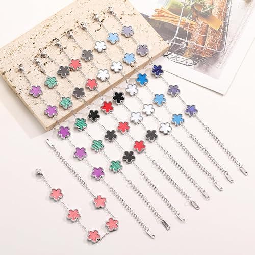 TICVSS Four Leaf Clover Bracelet for Women Platinum Plated Stainless Steel Lucky 4 Leaf Silver Chain Link Bracelet Jewelry Gift for Women thumbnail 6