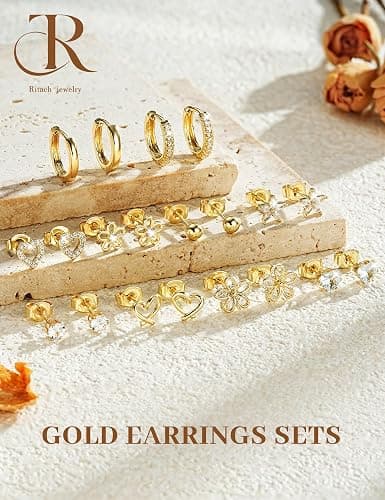 Small Gold Stud Earrings Set for Women - 14K Gold Plated CZ Huggie Hoops Hypoallergenic Earrings Dainty Flower Heart Stud Earrings for Jewelry Gift thumbnail 6