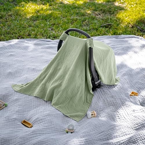 Comfy Cubs Baby Car Seat Cover - Soft, Breathable Bamboo Rayon and Muslin Cotton Blend - Lightweight Canopy for Sun, Bug, and Comfort Protection - Large Size Infant Seat Cover in Sage Design thumbnail 5