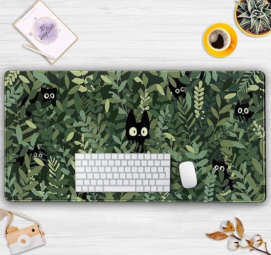 Cute Anime Cats Desk Mat Green Leaves Kawaii Mousepad XXL Extended Large Gaming Mouse Pad Cat, Aesthetic Extended Laptop Keyboard Mat Desk Pad for Women Office Gamer Girl Decor 31.5x15.75 in thumbnail 7
