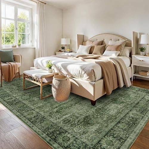 5x7 Green Washable Rug for Living Room Vintage Distressed Bedroom Rug | Large Low Pile Non-Slip Soft Boho Carpets for Bedroom Dining Room Office Indoor Nursery thumbnail 3