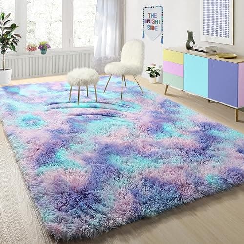 PAGISOFE Cute Furry Pastel Rug for Girls Bedroom, Soft Purple Shag Tent Rugs for Livingroom, Kids Room, Playroom, Nursery, Home Decor, Plush Mermaid Kawaii Rug, Fluffy Fuzzy Carpet, 4x6 Area Rug - 4x6 Feet - Rainbow Purple - Image 1
