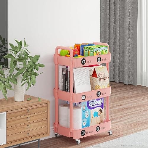 Laiensia 3-Tier Rolling Cart with Wheels,Multifunction Utility Storage Carts, Kitchen Storage Organizer,Mobile Shelving Unit for Bathroom,Laundry,with Classified Stickers,Pink thumbnail 2