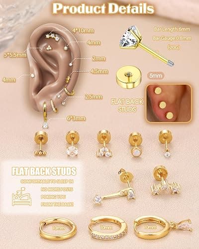 MILACOLATO Hypoallergenic Flat Back Earrings 14K Gold Plated Cartilage Earring Sets for Multiple Piercing 20G Surgical Stainless Steel Earrings for Women Trendy Earring Stacks Small Hoop Flatback Stud Earrings thumbnail 2