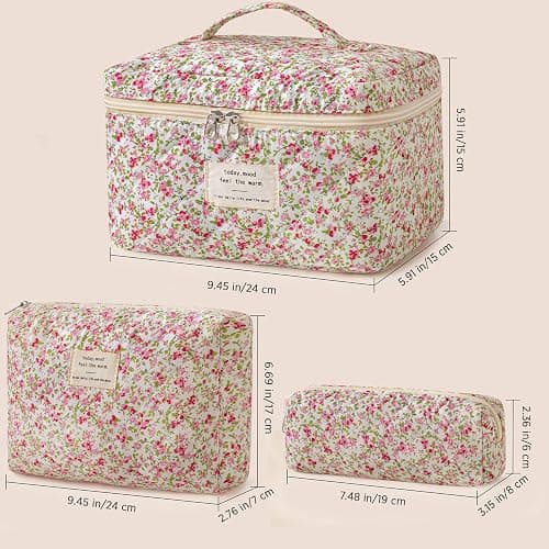 HBselect Quilted Makeup Bag, 3PCS Cotton Large Travel Makeup Bag, Cute Floral Coquette Make up Bag Cosmetic Bag Toiletry Bag for Women Girls thumbnail 6