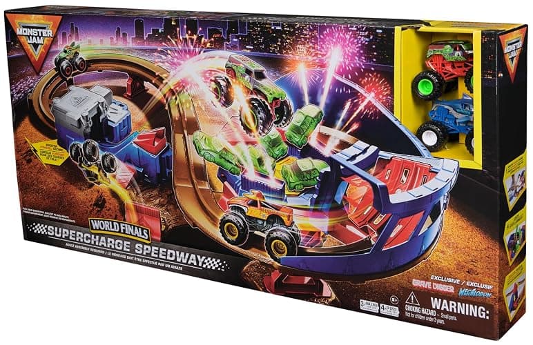 Monster Jam Supercharge Speedway Monster Truck Playset, 1:64 Scale | Figure-8 Loop Track with Lights, El Toro Loco & Megalodon Toy Trucks, Epic Racing Action, Pretend Play Gifts for Kids Ages 3+ thumbnail 8