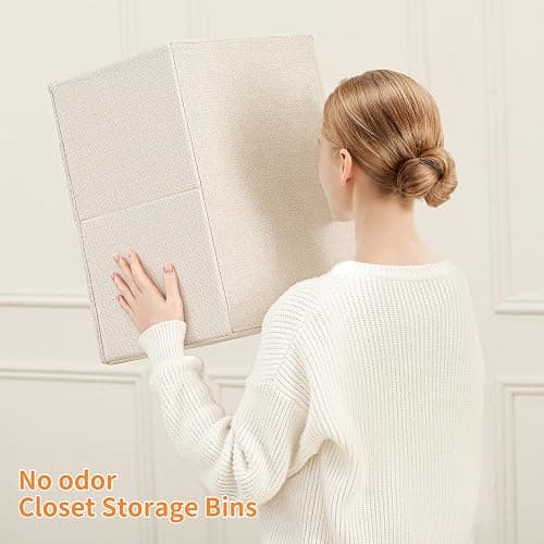 Linen Folding Storage Bins, 3 Pack Large Storage Baskets, Washable, Clothing Storage Bins with Handle, Closet Organizer for Storage Sweater,Sheets(Beige, 18½"x11" x8½") thumbnail 6