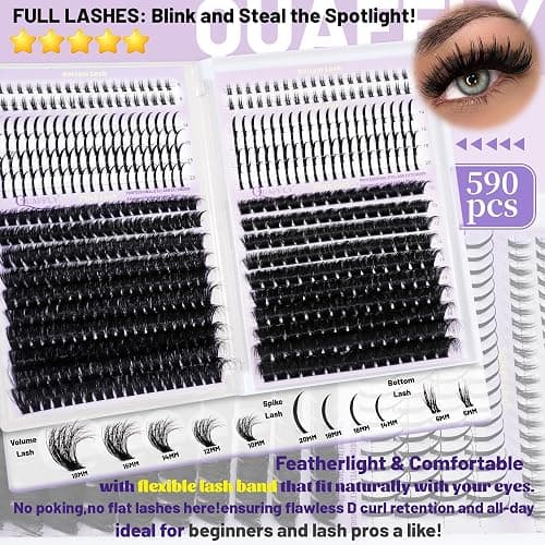 DIY Lash Extension Kit 1676Pcs D Curl Individual Spike Manga Lash Clusters Kit with Bottom Lashes, Lash Bond and Seal, Remover, Tweezers,Brush by QUAFFLY thumbnail 3