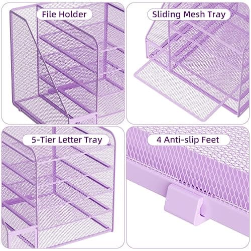 Marbrasse Desk Organizers and Accessories, 5-Tier Paper Letter Tray Organizer with File Holder, Mesh File Organizer, Office Desk Accessories & Organization for Supplies (Purple) thumbnail 5