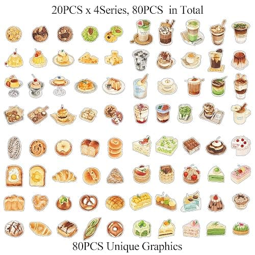 Maxleaf 80PCS Dessert Cake Clear Stickers for Scrapbook Decoration, 4 Series Retro Foods Bread Cake Coffee Stickers for Daily Life Diary Album Decoration thumbnail 3