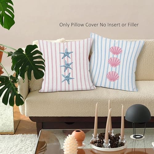 LLOKARNORA Preppy Starfish Seashell Throw Pillow Covers Set of 2, Pink and Blue Striped Pillow Case Cover for Girls Room, Coastal Square Pillowcase, Beachy Coquette Cushion Cover Case for Couch,18x18 thumbnail 3