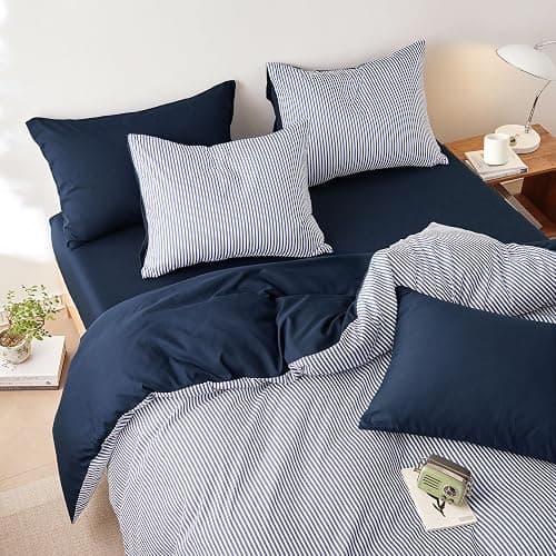 Wake In Cloud - Striped Comforter Set with Sheets, Ticking Stripe Vertical Pinstripe Neutral Farmhouse Pattern Printed, 5 Pieces Bed in a Bag, Navy Blue White, Twin Size thumbnail 4