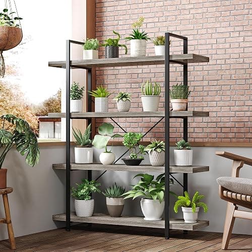 OtterOasis Heavy Duty 4-Tier Industrial Bookcase, 47" Wide Wood Bookshelf for Home Office, 120lbs Shelf Capacity, Rustic Shelving Display with Reinforced Horizontal Shelf for Living Room Bedroom,Grey thumbnail 7