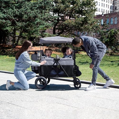 Jeep Wrangler Deluxe 4 Seater Stroller Wagon by Delta Children - Premium Quad Stroller Wagon for 4 Kids with Convertible Seats, Adjustable Push/Pull Handles, Removable Canopy & Flat Fold, Grey thumbnail 10
