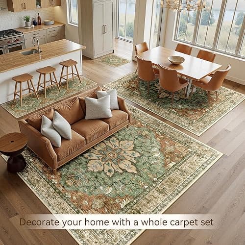 RELEANY Area Rugs 9'x12' Washable Non-Slip, Floral Vintage Distress Print Pattern Medallion Carpet for Living Room Bedroom Dining Room, Brick Red Rust Neutral Brown Burnt Orange Green thumbnail 4