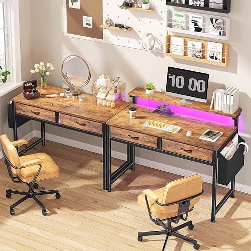 DurayLoly Gaming Desk with 2 Drawers &LED Lights,Space Saving,Rustic Brown | Computer Desk with Ergonomic Monitor Stand,Office Desk with Side Pocket and Hook,Study Writing Table for Small Spaces thumbnail 9