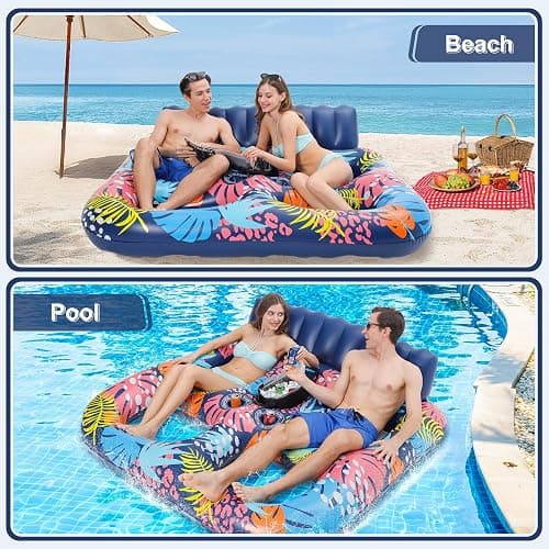 2-Person Inflatable Pool Floats Adult Heavy Duty, 71" x 61" Pool Lounger Float with Cup Holders & Backrest & Removable Insulated Cooler, Thickened Swimming Raft for Pool Party, Lake, Beach, River thumbnail 2