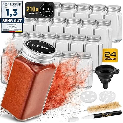 Cuccinara® 24 Gewürzgläser Eckig 120ml mit 210 Etiketten, Aluminiumdeckel & Streueinsätzen (grob & fein) - Luftdichte Gewürzdosen inkl. Trichter, Permanentmarker & Bürste - Spülmaschinenfest - Image 1
