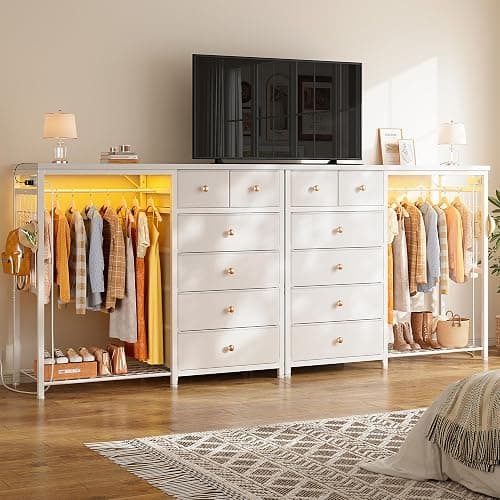 EnHomee 49.2" W Dresser with Hanging Rack & 6 Drawers, Grid Panel & 4 Hooks | Featuring LED Lights and Charging Station, Wooden Top Organize Unit for Bedroom, Chest of Drawers with Steel Frame, White thumbnail 6