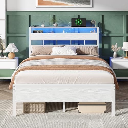Furnulem Full Size Bed Frame with LED Light and Charging Station, Wood Storage Headboard with 2-Tier Shelves, Metal Platform Bed with Heavy Duty Slats Support, No Box Spring Needed, White - Image 1